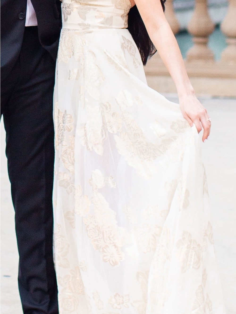 La Femme Organza Ivory Strapless A-Line Gown with Gold Floral Jacquard - Picture 6 of 7
